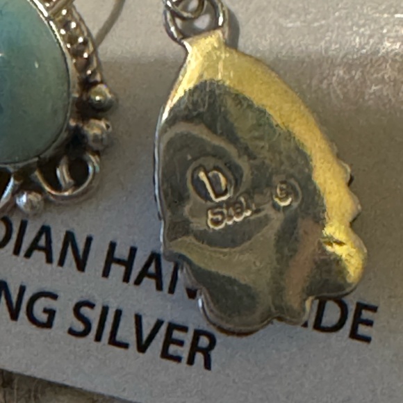 SS Navajo, Native Made Teardrop Larimar Earrings by Calvin Desson - Picture 2 of 2